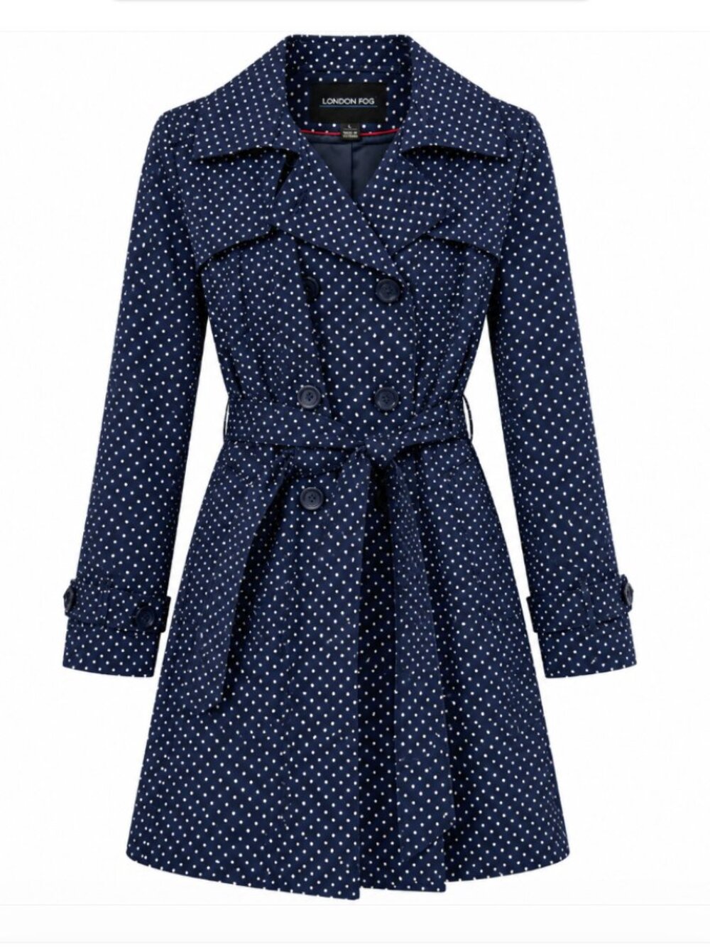 London Fog Navy Blue Polka Dot Belted Trench Coat Women's Large
